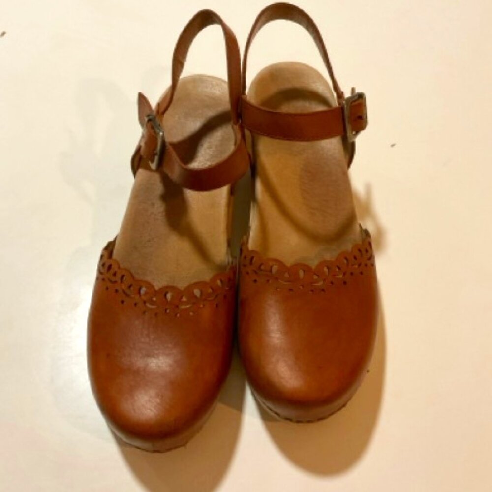 Dansko Marta Mary Jane Tan leather clog with lacy edge